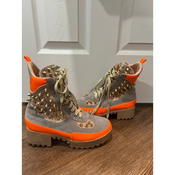 Cape Robbin Jadey Spike Studs Combat Neon Grey Suede Boots Women's 7 - Picture 5 of 11